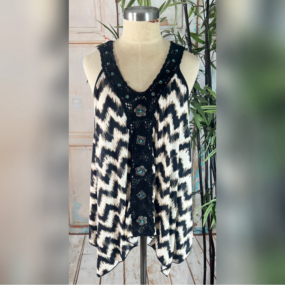 Boston Proper Chevron Crochet Turquoise Embellished Trapeze Top